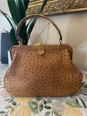 Vintage Tan Ostrich Leather Frame Handbag. Saks Fifth Ave.